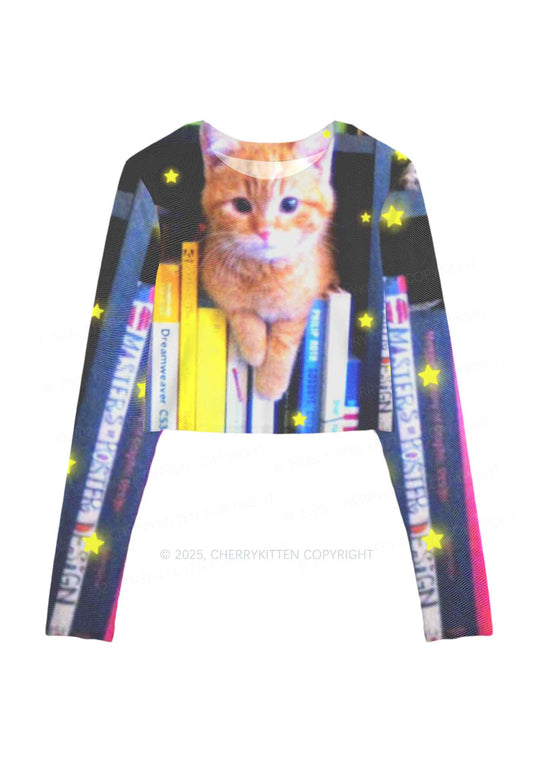 Feline Bookworm Y2K Mesh Long Sleeve Crop Top Cherrykitten