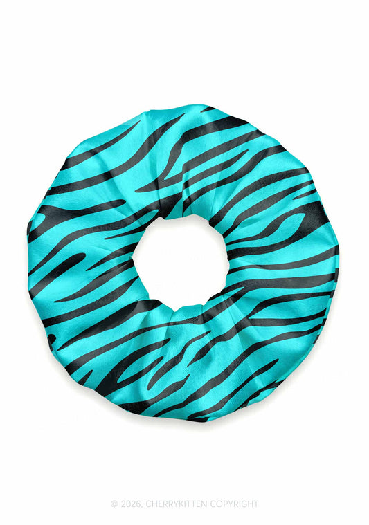 Bright Cyan Zebra Stripes Y2K Hair Scrunchie Cherrykitten