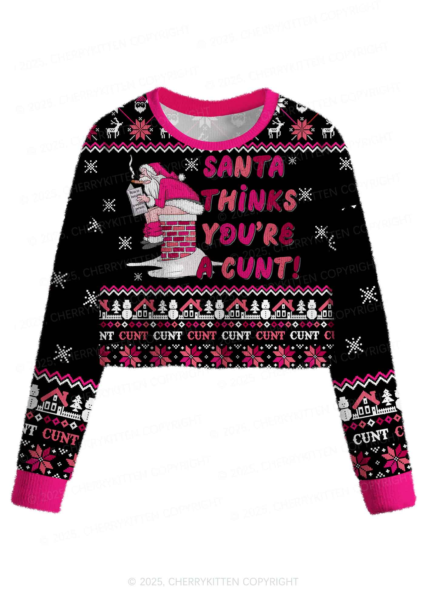 Santa Thinks Youre A Cxxt Y2K Christmas Crop Knit Sweatshirt Cherrykitten