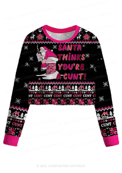 Santa Thinks Youre A Cxxt Y2K Christmas Crop Knit Sweatshirt Cherrykitten