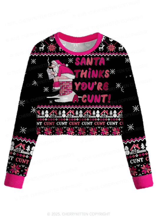 Santa Thinks Youre A Cxxt Y2K Christmas Crop Knit Sweatshirt Cherrykitten