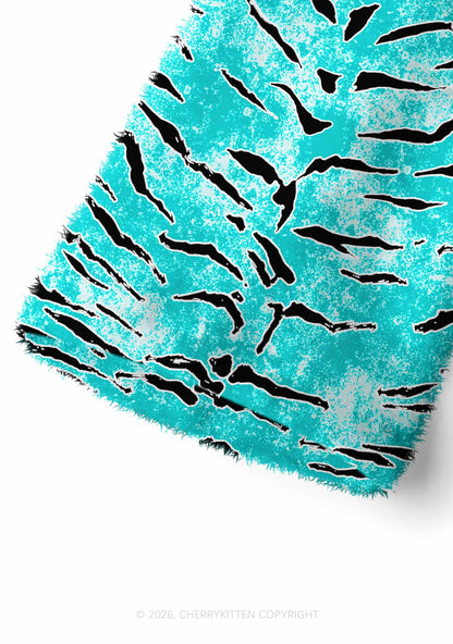 Mint Blue Tiger Stripe Y2K Print Fuzzy Straight Leg Warmers Cherrykitten