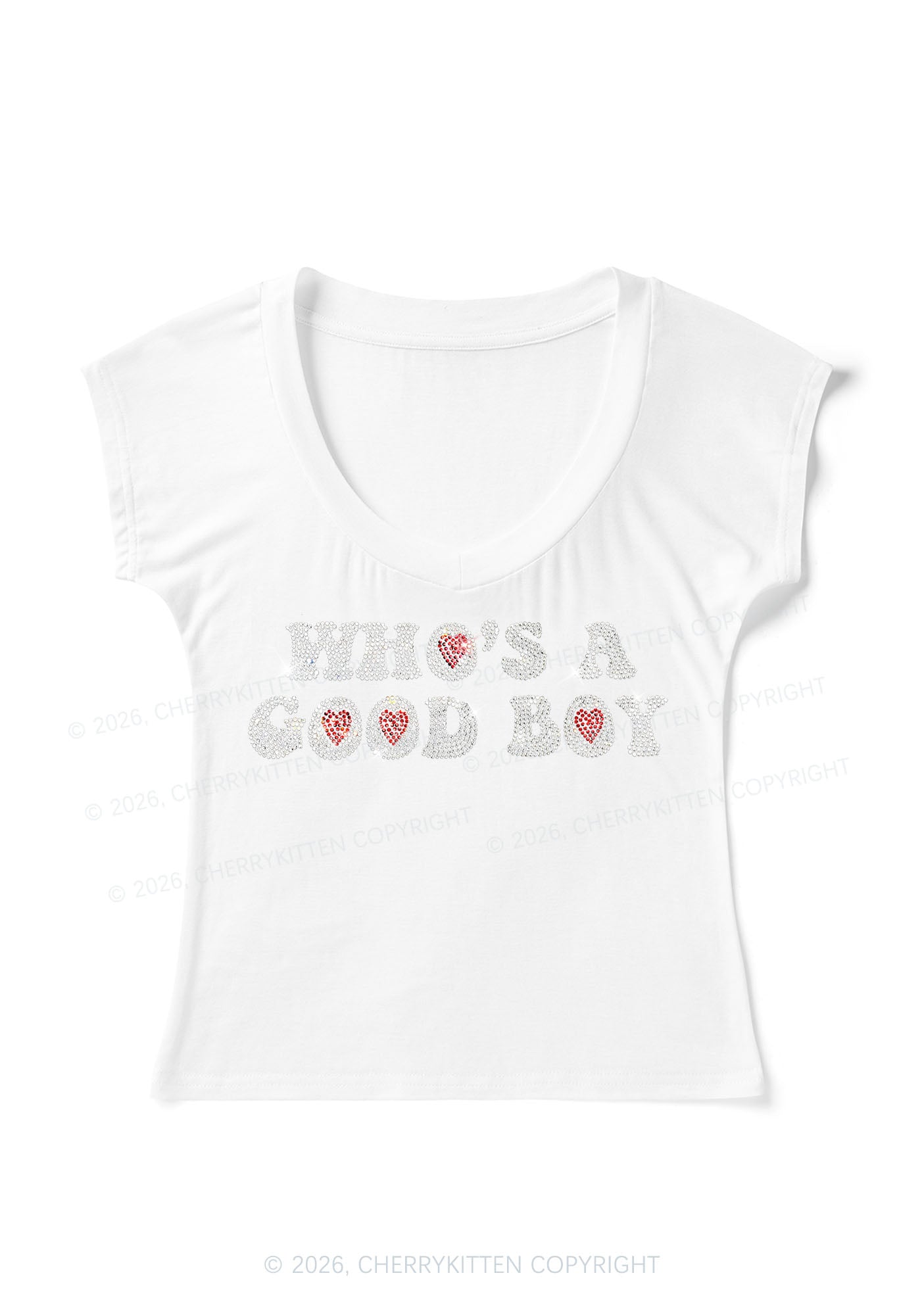 Rhinestone Whos A Good Boy Y2K V Neck T Shirts Cherrykitten