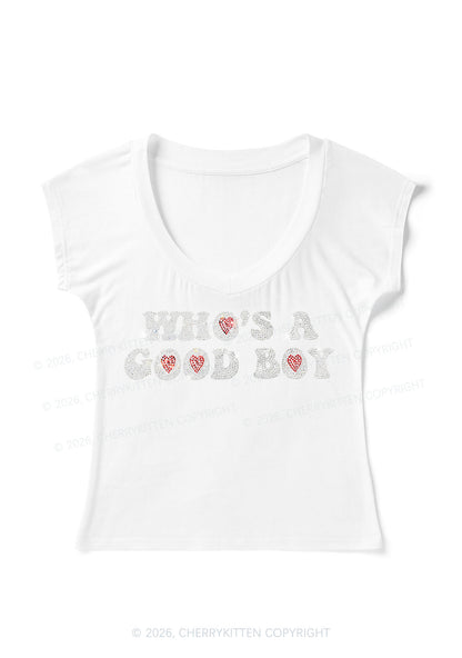 Rhinestone Whos A Good Boy Y2K V Neck T Shirts Cherrykitten