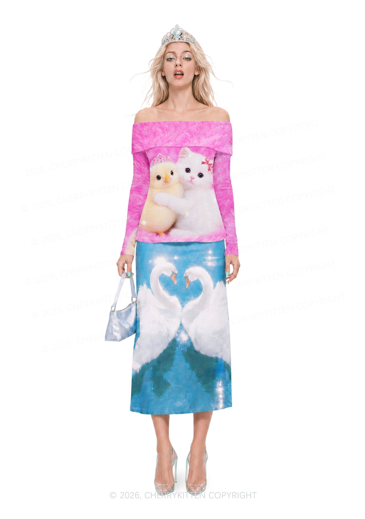 Kitten Hugging Chick Y2K Off Shoulder Fold Over Knit Top Cherrykitten