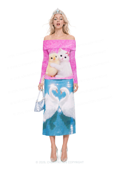 Kitten Hugging Chick Y2K Off Shoulder Fold Over Knit Top Cherrykitten