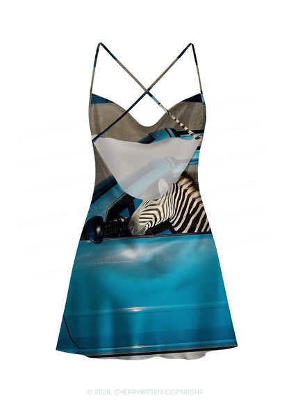 Zebra Driver Y2K Print Satin Cowl Neck Slip Dress Cherrykitten
