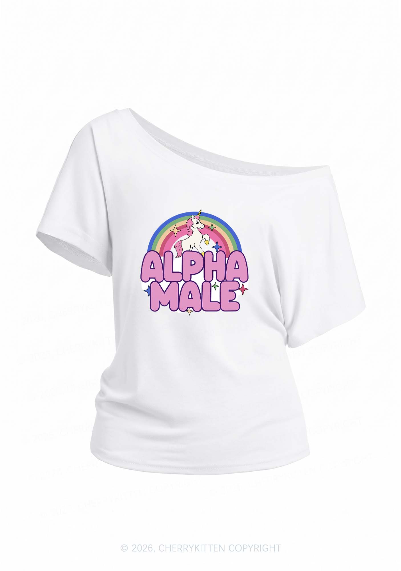 Rainbow Unicorn Alpha Male Y2K Off Shoulder Tee Cherrykitten