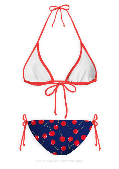 Cherry On Dark Blue Y2K Print Bikini Set Cherrykitten