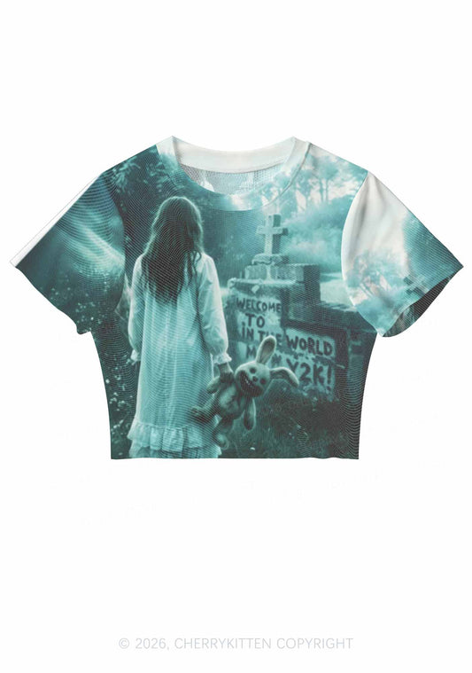 Halloween Graveyard Bunny Doll Y2K Mesh Crop Top Cherrykitten