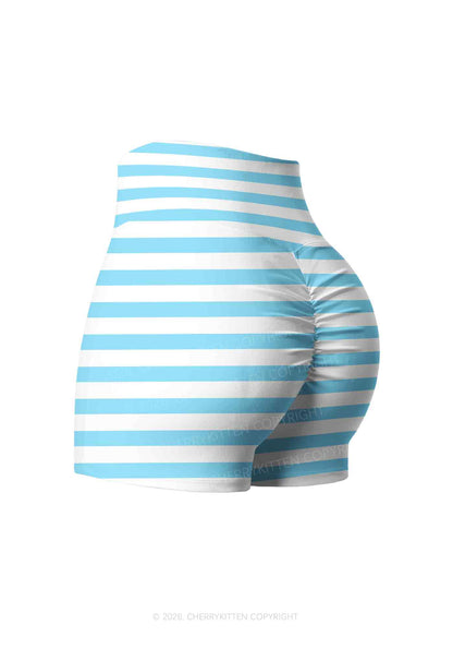Blue And White Stripes Y2K Print Yoga Shorts Cherrykitten