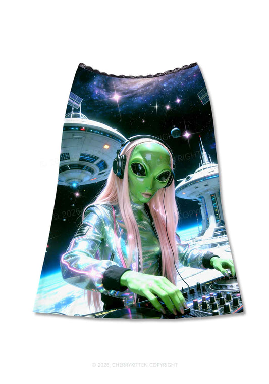 Space Alien DJ Y2K Print Midi Skirt Cherrykitten