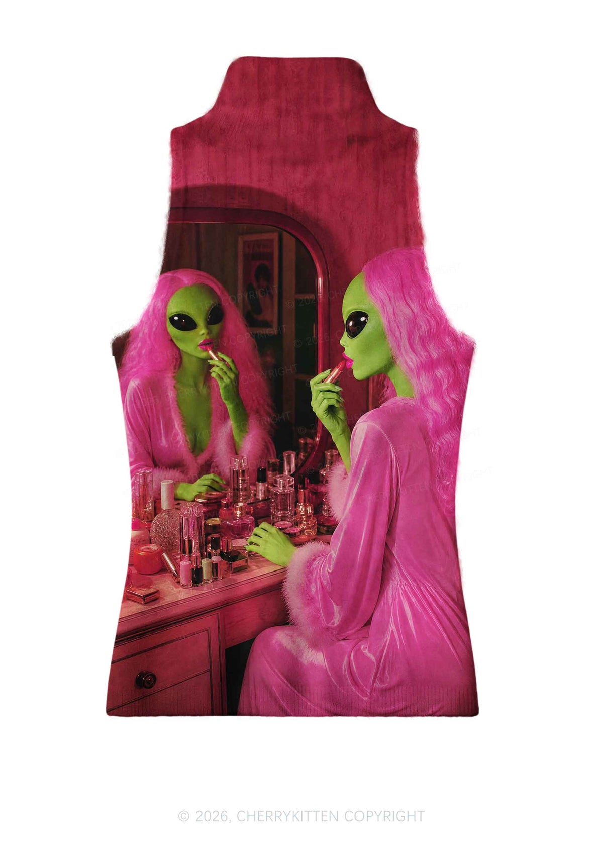 Pink Wig Makeup Alien Y2K Knit Turtleneck Tank Top Cherrykitten