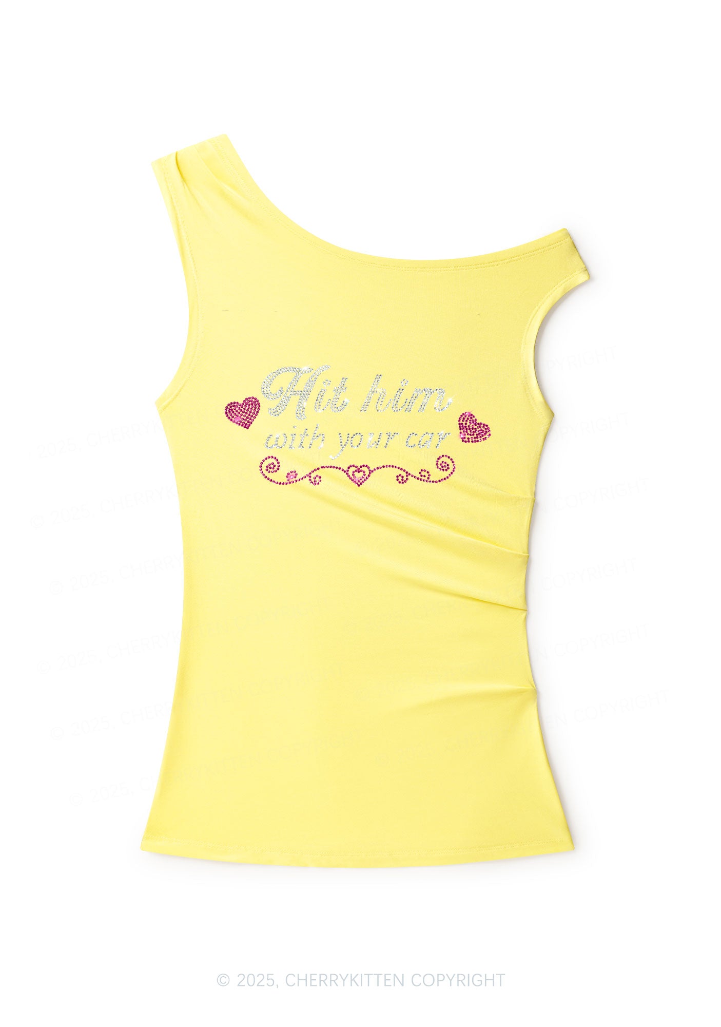 Rhinestone Hit Him Y2K Off Shoulder Tank Top Cherrykitten