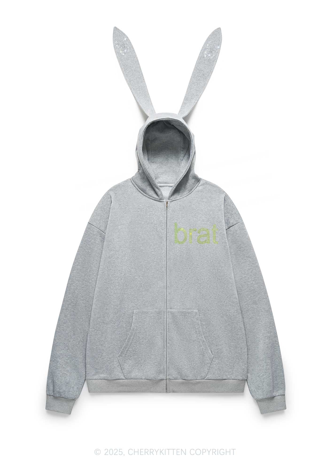 Rhinestone Brat Y2K Bunny Ear Zip Hoodie Cherrykitten