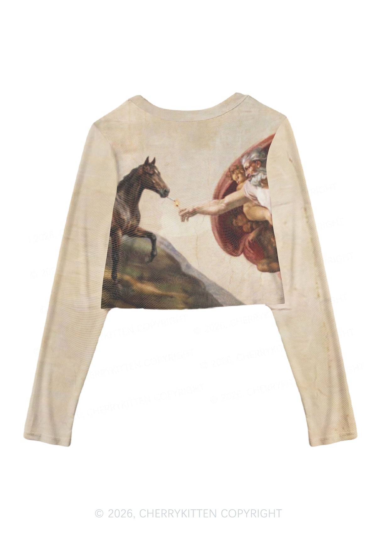 God Smoking Horse Y2K Mesh Long Sleeve Crop Top Cherrykitten