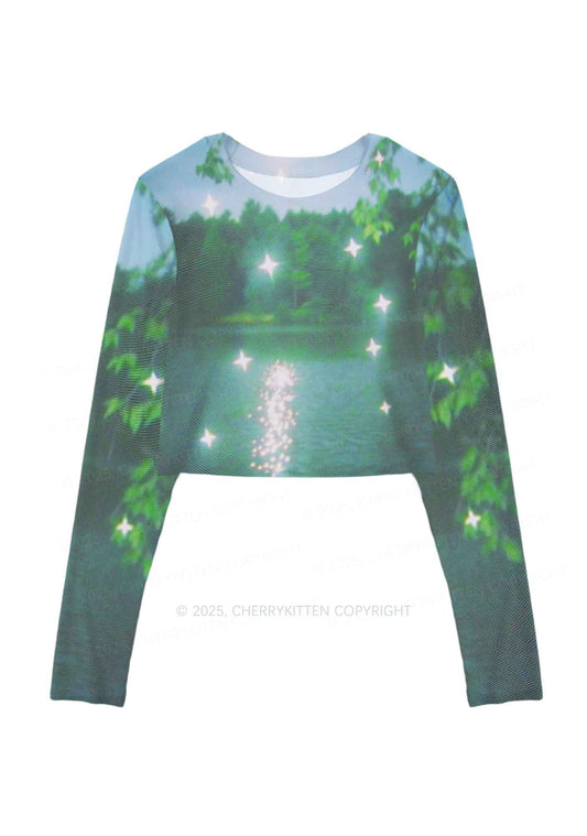 Forest Lake Y2K Mesh Long Sleeve Crop Top Cherrykitten