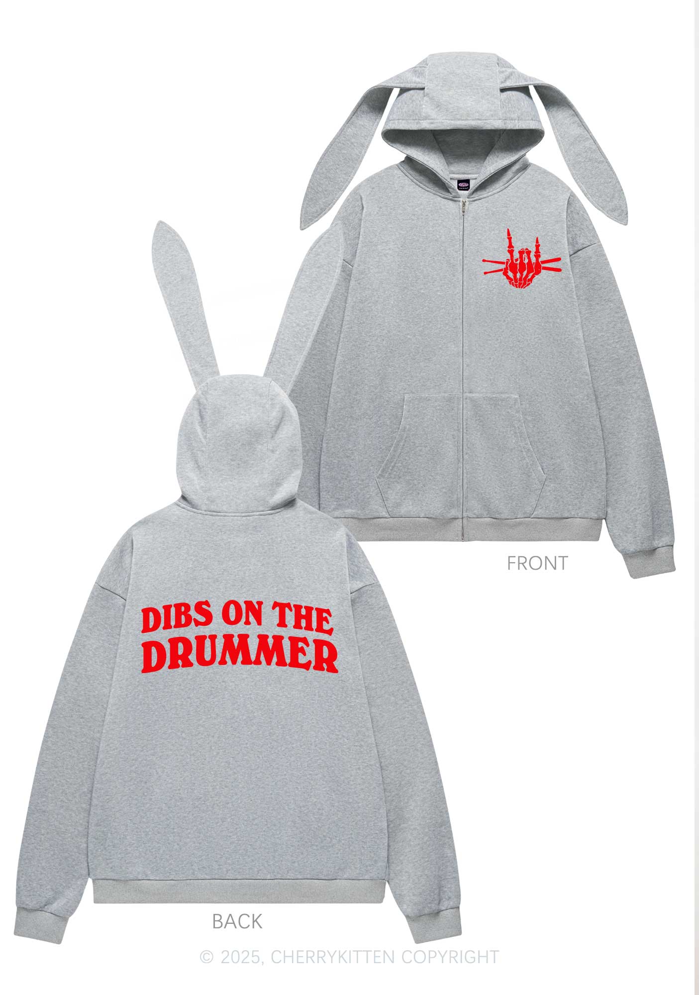 Dibs On The Drummer Y2K Bunny Ear Zip Hoodie Cherrykitten