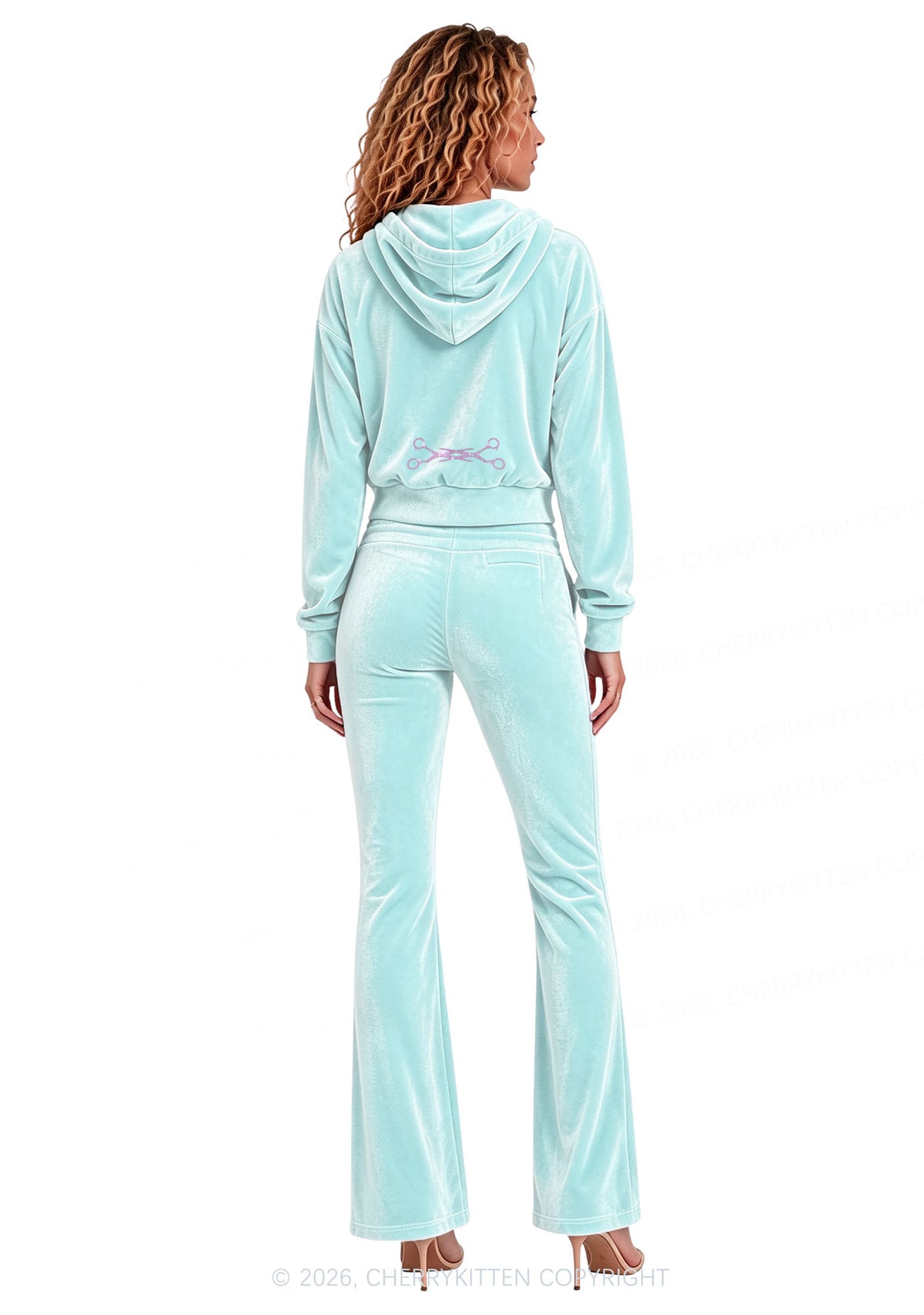 Rhinestone Pink Scissor Pride Y2K Velvet Tracksuit Set Cherrykitten