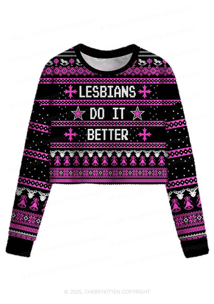 Lesbians Do It Better Pride Y2K Christmas Crop Knit Sweatshirt Cherrykitten