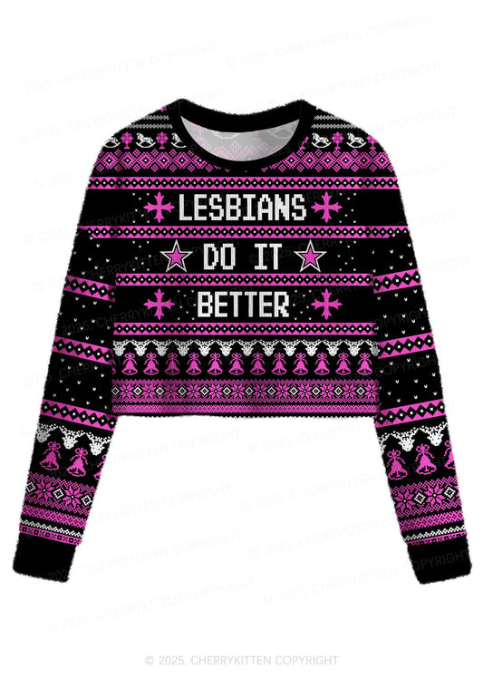 Lesbians Do It Better Pride Y2K Christmas Crop Knit Sweatshirt Cherrykitten