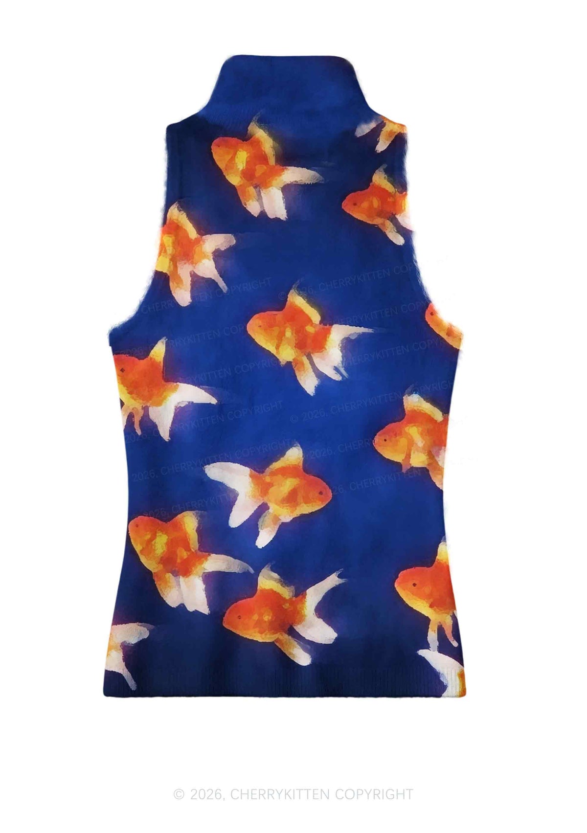 Goldfish On Blue Y2K Knit Turtleneck Tank Top Cherrykitten