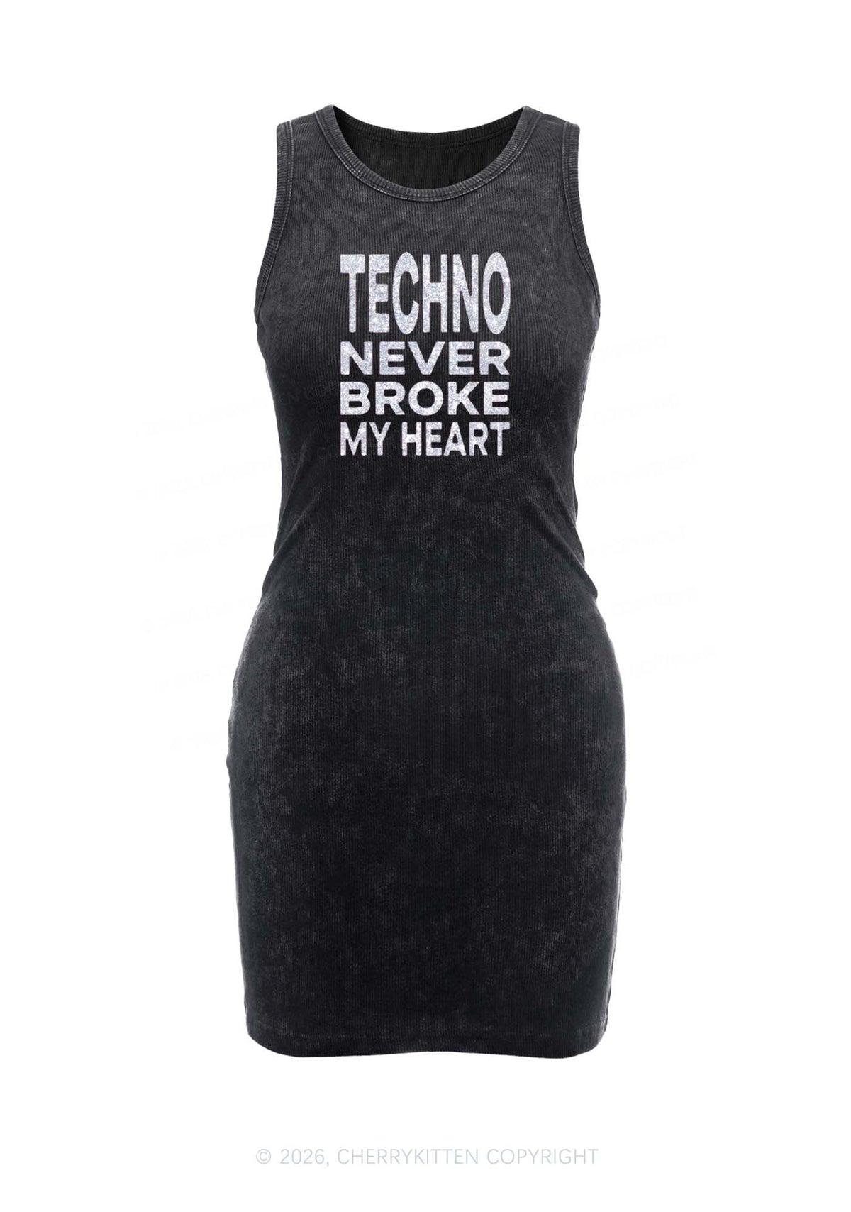 Glitter Techno Heart Y2K Washed Tank Dress Cherrykitten
