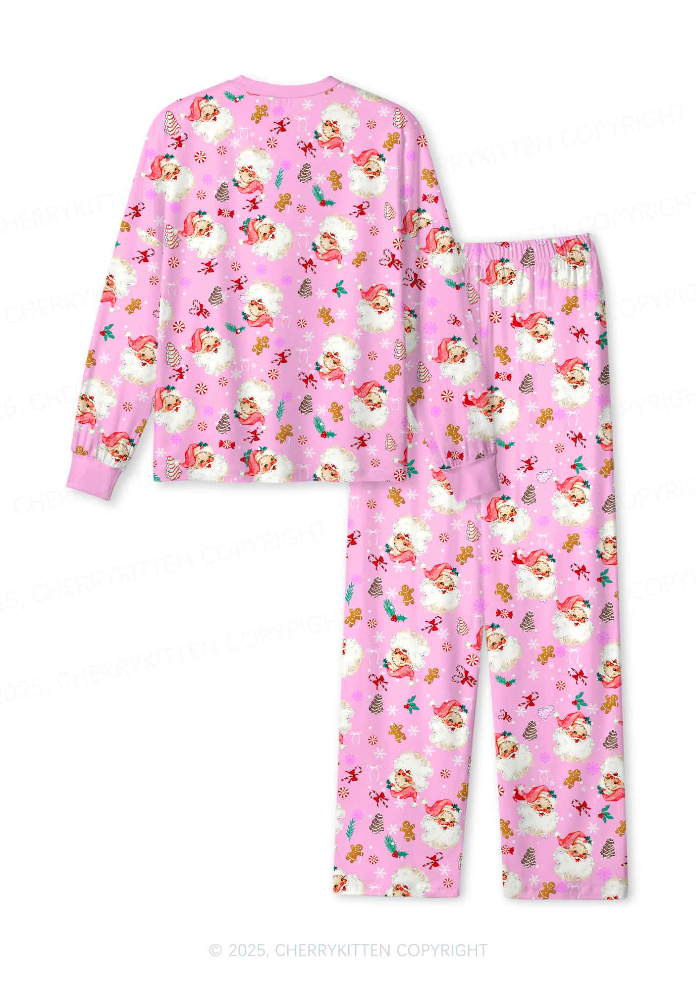 Christmas Pink Candy Santa Y2K Print Long Sleeve Pajama Set Cherrykitten