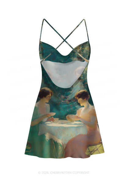Retro Lady Tea Time Pride Y2K Print Satin Cowl Neck Slip Dress Cherrykitten