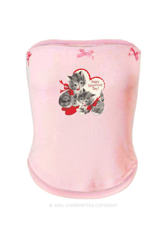 Valentine's Day Cat Y2K Pink Bow Tie Tube Top Cherrykitten