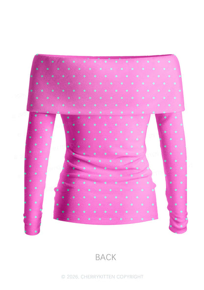 Cxxt Bow Badge Dots Y2K Off Shoulder Fold Over Knit Top Cherrykitten
