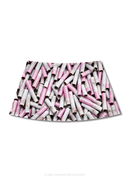 Pink White Cigarette Y2K Print Mini Skirt Cherrykitten