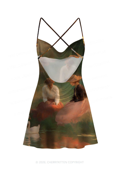 Girls Water Reflection Pride Y2K Print Satin Cowl Neck Slip Dress Cherrykitten