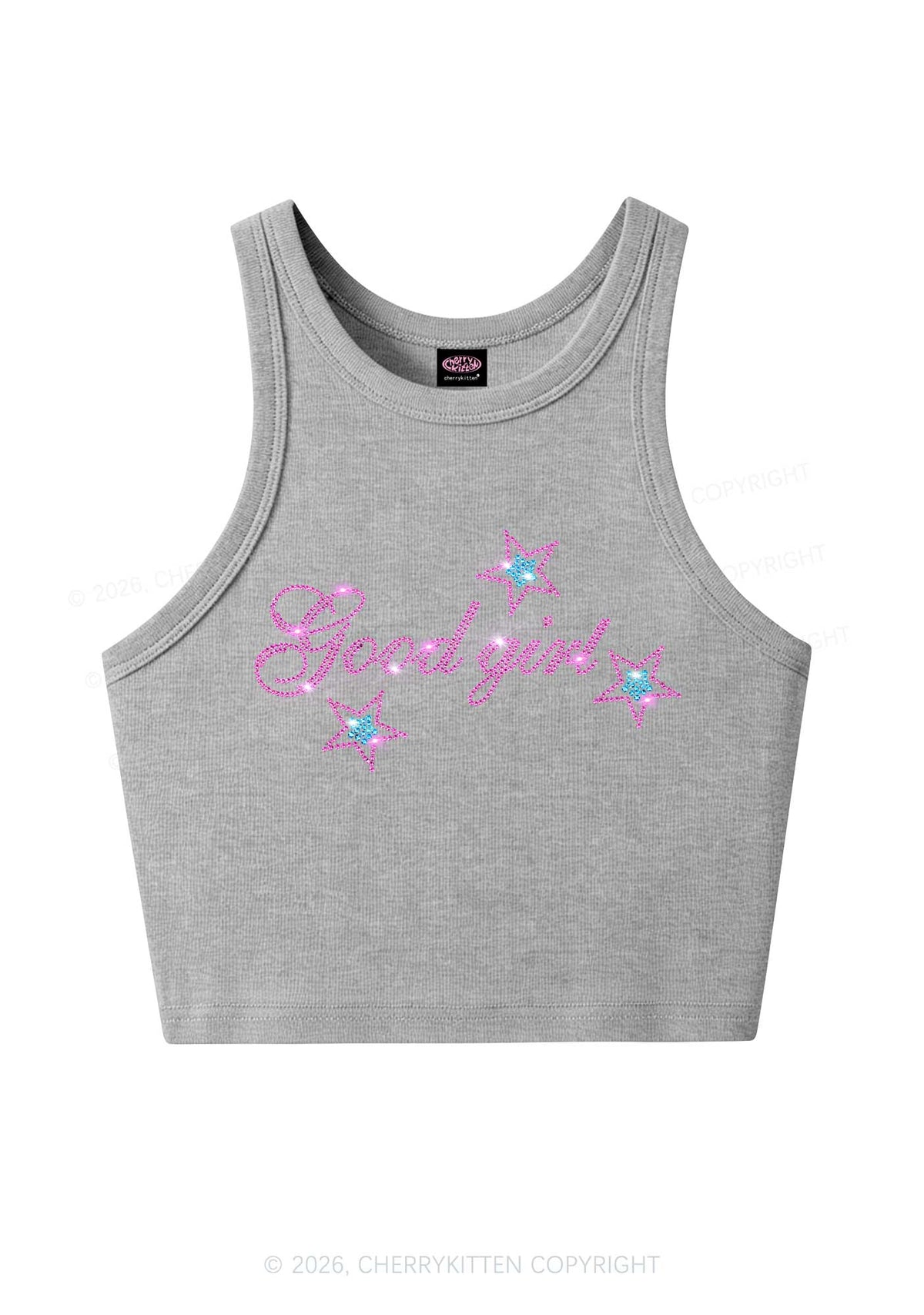 Rhinestone Good Girl Pink Star Y2K Crop Tank Top Cherrykitten