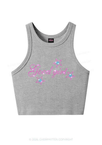 Rhinestone Good Girl Pink Star Y2K Crop Tank Top Cherrykitten