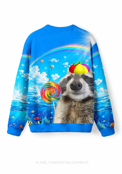 Rainbow Lollipop Raccoon Y2K Knit Sweatshirt Cherrykitten