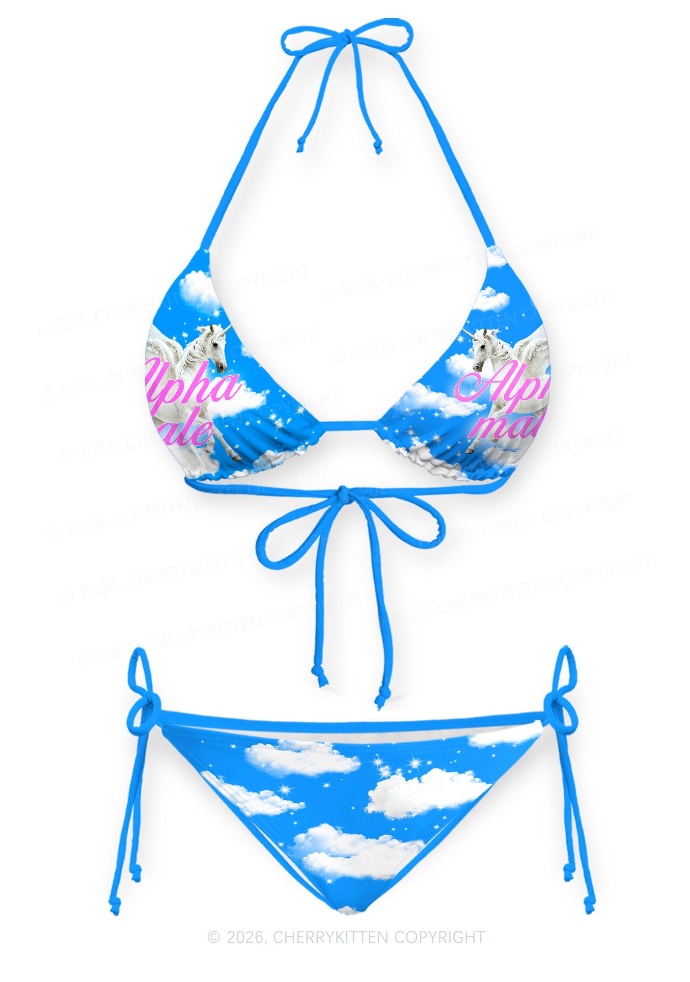 Blue Sky Alpha Male Unicorn Y2K Print Bikini Set Cherrykitten