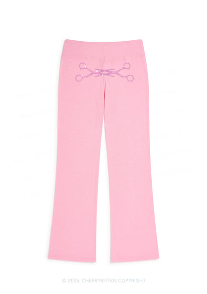 Rhinestone Pink Scissor Pride Y2K Low Rise Drawstring Flare Pants Cherrykitten
