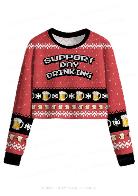 Support Day Drinking Y2K Christmas Crop Knit Sweatshirt Cherrykitten