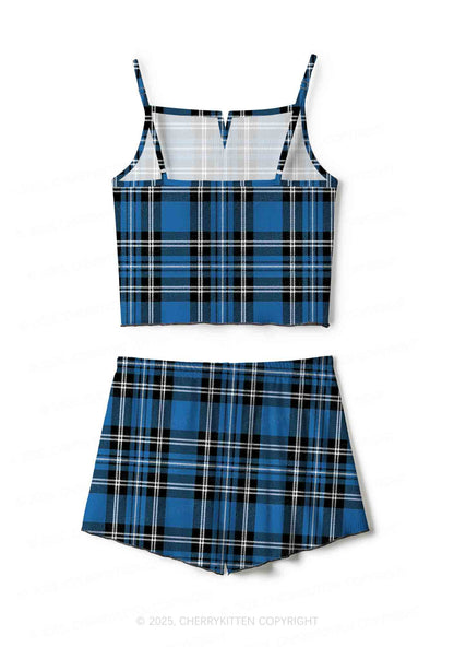 Blue Plaid Y2K Print Cami Shorts Pajama Set Cherrykitten