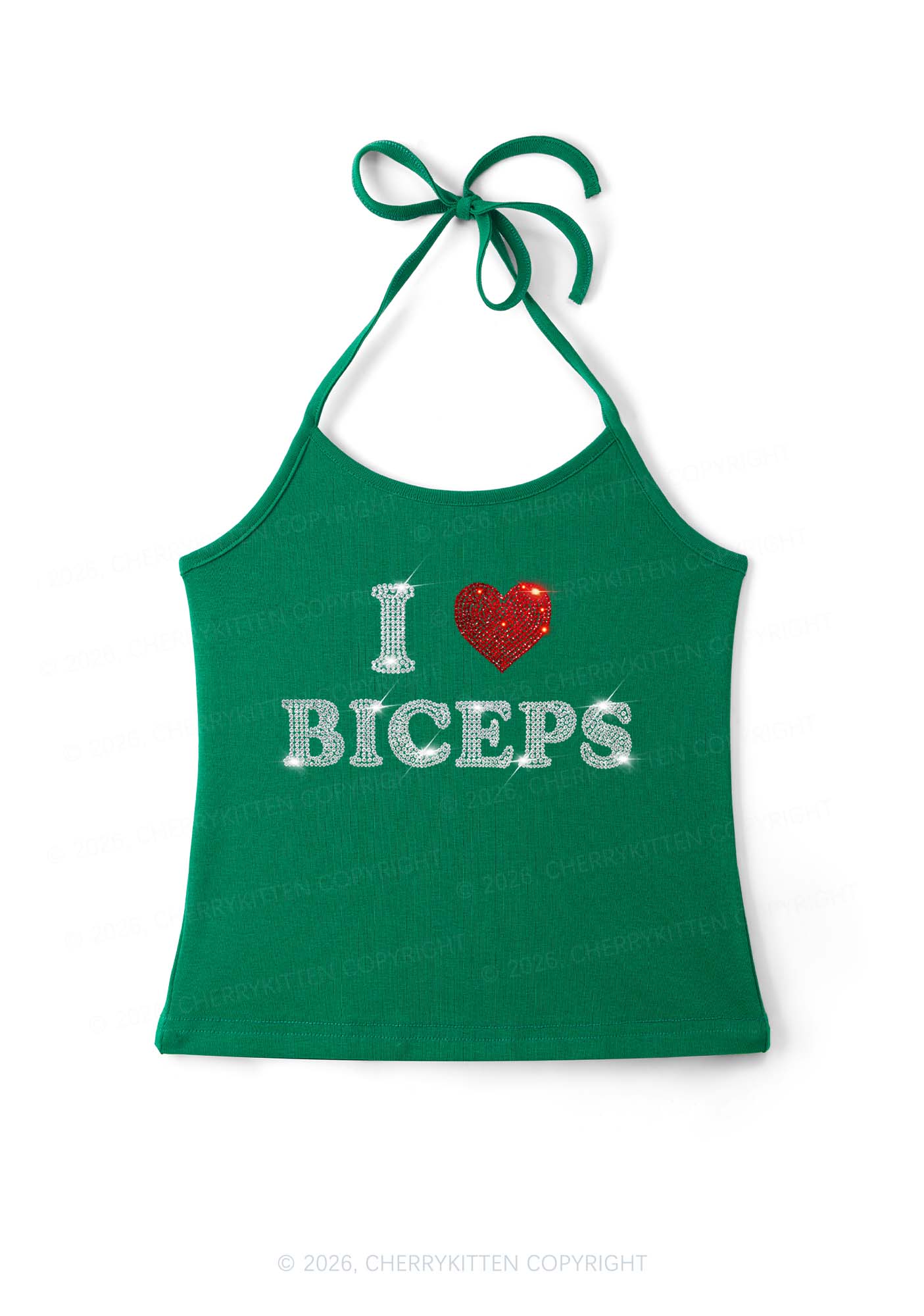 Rhinestone I Love Biceps Y2K Halter Neck Cami Cherrykitten