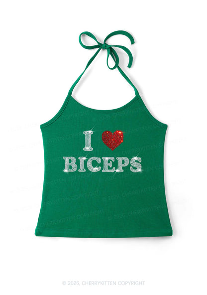 Rhinestone I Love Biceps Y2K Halter Neck Cami Cherrykitten