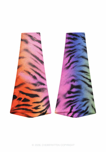 Rainbow Gradient Tiger Stripe Y2K Print Fuzzy Flared Leg Warmers Cherrykitten