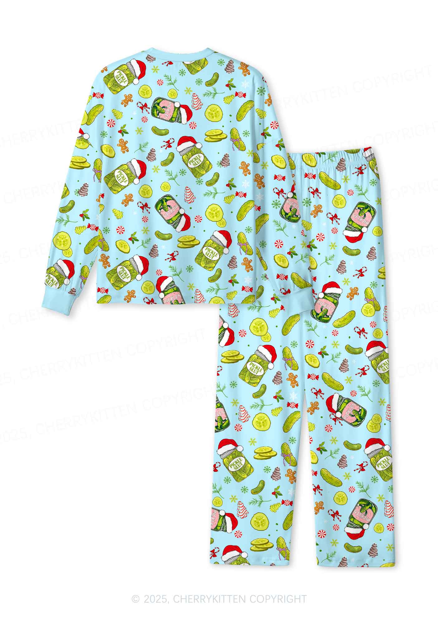 Christmas Green Santa Hat Pickle Y2K Print Long Sleeve Pajama Set Cherrykitten