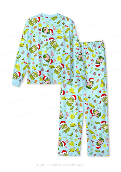Christmas Green Santa Hat Pickle Y2K Print Long Sleeve Pajama Set Cherrykitten