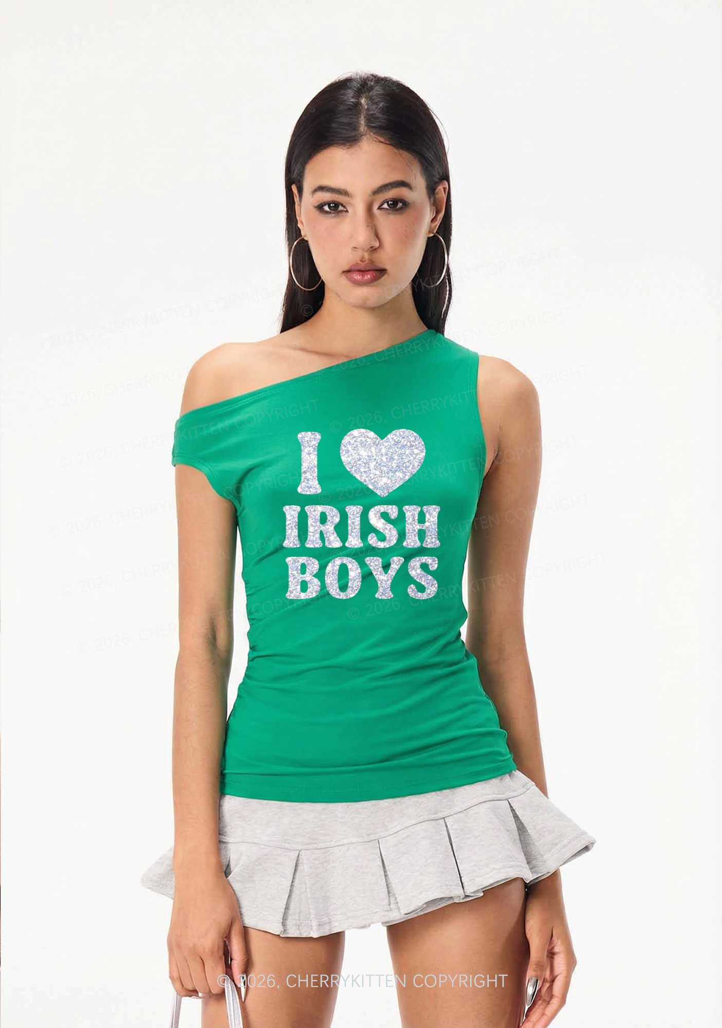Glitter I Love Irish Boys St Patricks Y2K Off Shoulder Tank Top Cherrykitten