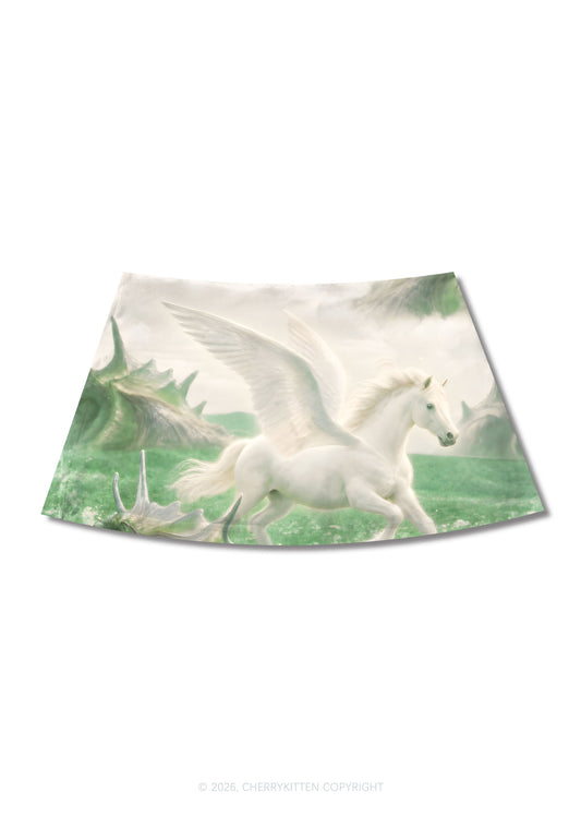 White Winged Horse On Meadow Y2K Print Mini Skirt Cherrykitten