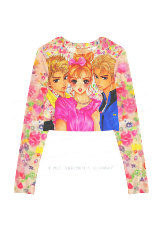 Comic Youth Y2K Mesh Long Sleeve Crop Top Cherrykitten