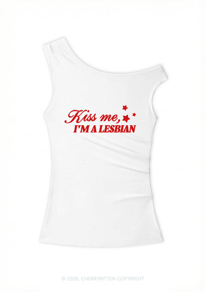 Kiss Me Im Lesbian Pride Y2K Off Shoulder Tank Top Cherrykitten