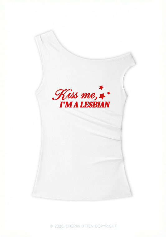 Kiss Me Im Lesbian Pride Y2K Off Shoulder Tank Top Cherrykitten